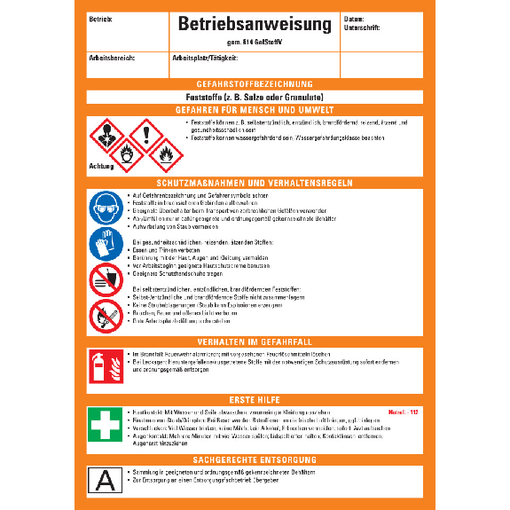 Betriebsanweisung Feststoffe, CLP/GHS, Kunststoff, 210x297mm, ASR A1.3, DIN EN ISO 7010-Beschreibung lesen