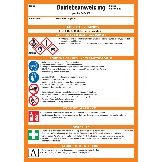 Betriebsanweisung Feststoffe, CLP/GHS, Kunststoff, 210x297mm, ASR A1.3, DIN EN ISO 7010-Beschreibung lesen