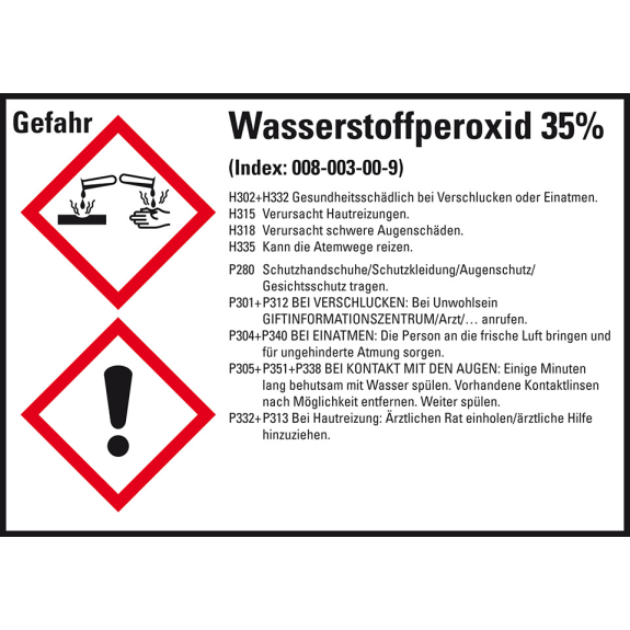 GHS-Etikett Wasserstoffperoxid 35%, GefStoffV/GHS/CLP, Folie, 148x105mm, 4/Bogen-Beschreibung lesen