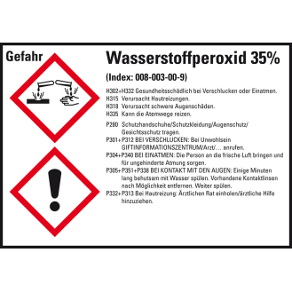 GHS-Etikett Wasserstoffperoxid 35%, GefStoffV/GHS/CLP, Folie, 148x105mm, 4/Bogen-Beschreibung lesen