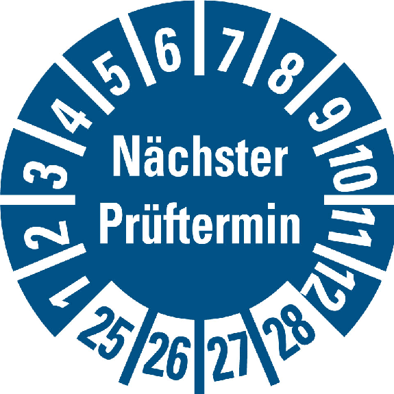 Prüfplakette Nächster Prüftermin 25-28,blau,Folie,selbstklebend,Ø 10mm,10/Bogen-Beschreibung lesen