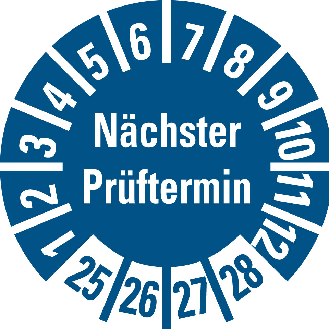 Prüfplakette Nächster Prüftermin 25-28,blau,Folie,selbstklebend,Ø 10mm,10/Bogen-Beschreibung lesen