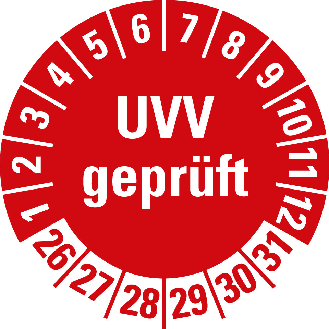 Prüfplakette UVV geprüft, 26-31, rot, Folie, selbstklebend, Ø 20mm, 10/Bogen-Beschreibung lesen