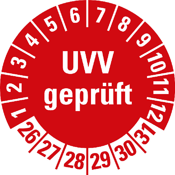 Prüfplakette UVV geprüft, 26-31, rot, Folie, selbstklebend, Ø 20mm, 10/Bogen-Beschreibung lesen