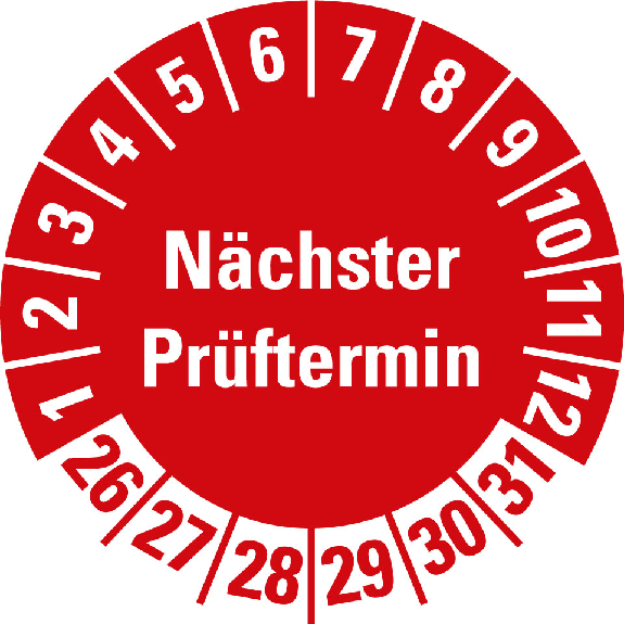 Prüfplakette Nächster Prüftermin 26-31,rot,Folie,selbstklebend,Ø 15mm,10/Bogen Prüfplakette Nächster Prüftermin 26-31,rot,Folie,selbstklebend,Ø 15mm,10/Bogen-Beschreibung lesen