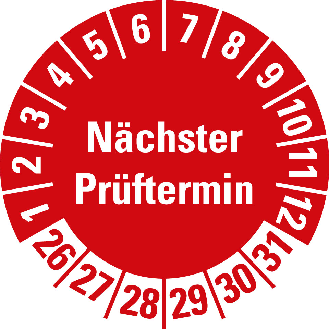 Prüfplakette Nächster Prüftermin 26-31,rot,Folie,selbstklebend,Ø 15mm,10/Bogen-Beschreibung lesen