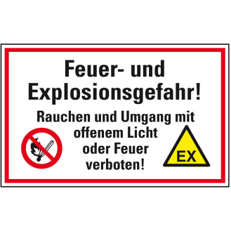 Hinweisschild Feuer- und Explosionsgefahr!..., Folie, selbstklebend, 300x200mm-Beschreibung lesen