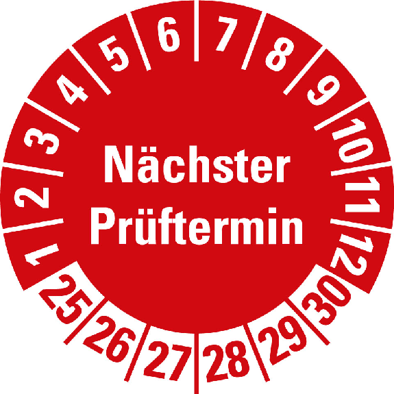 Prüfplakette NP 25-30, rot, Folie, für Kunststoffoberflächen, Ø 20mm, 10/Bogen-Beschreibung lesen