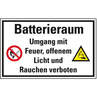 Hinweisschild Batterieraum, Umgang mit Feuer..., Folie, selbstkl., 300x200mm-Beschreibung lesen