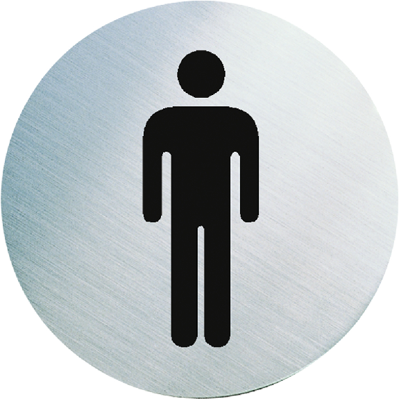 Edelstahlpiktogramm Herren WC, mattgebürstet, selbstklebend, rostfrei, Ø 60mm, ASR A4.1-Beschreibung lesen