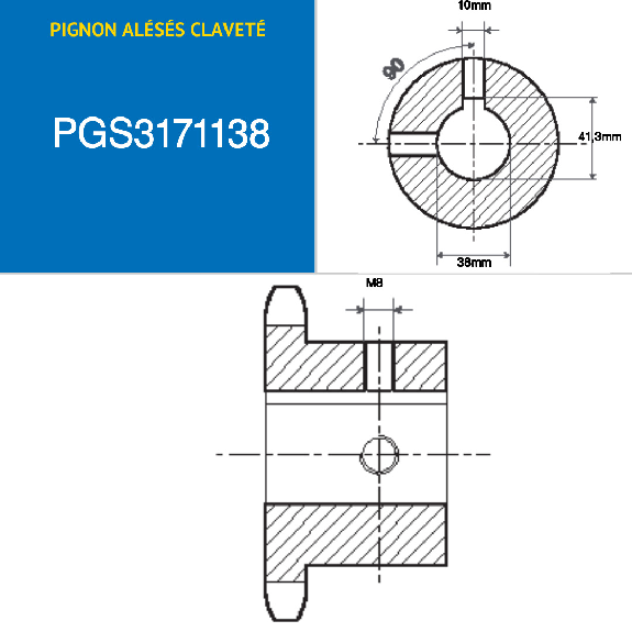 CMW - Pignon alésé claveté avec 2 vis pression à 90° - Simple denture - 20B1 - 11 dents - Pas de 31,75 mm avec alésage de 38 mm CMW - Pignon alésé claveté avec 2 vis pression à 90° - Simple denture - 20B1 - 11 dents - Pas de 31,75 mm avec alésage de 38 mm-Lire la description