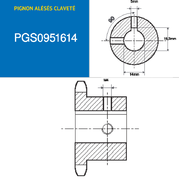 CMW - Pignon alésé claveté avec 2 vis pression à 90° - Simple denture  - 06B1 - 16 dents - Pas de 9,52 mm avec alésage de 14 mm-Lire la description