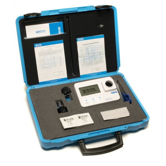 Fotómetro portátil de Cloro libre (0,00 a 5,00 mg/L) HANNA Instruments modelo HI97701C, con patrones, reactivos y maletín de transporte-Leer más