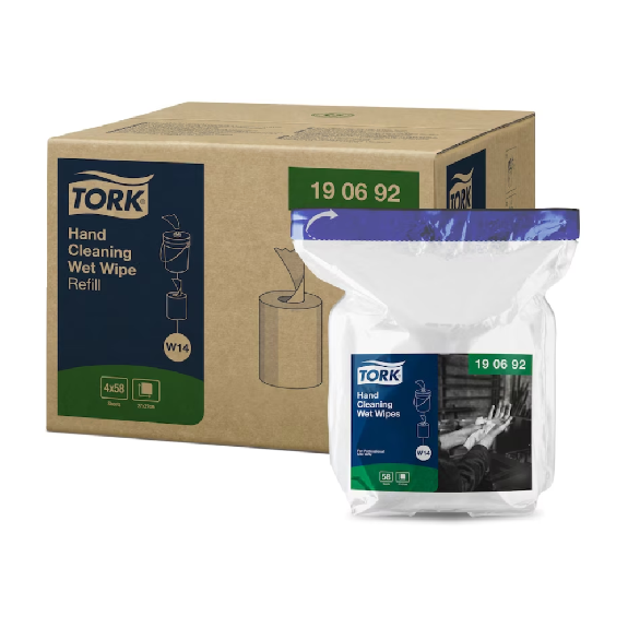 Tork 190692 Recharge de lingettes nettoyantes humides pour les mains Premium W14 1 épaisseur | Boîte en carton (4 paquets)-Leer más