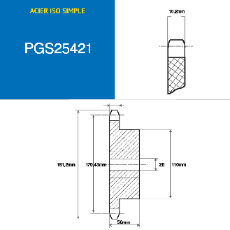 CMW - Pignon pré alésé - Acier - Simple denture - 16B1 - 21 dents - Pas de 25,4 mm avec alésage de 20 mm-Lire la description