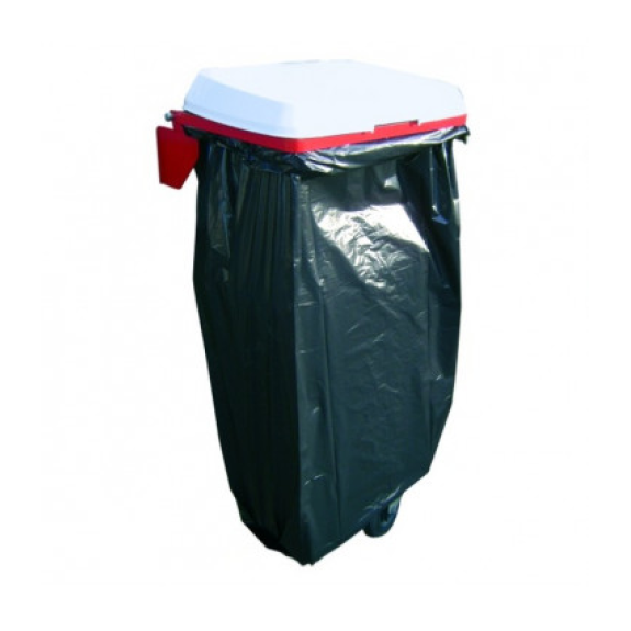 Cubo de basura Pack & Store montado en la pared con tapa de plástico roja y estructura resistente de acero-Leer más