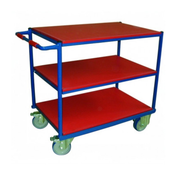 Carro industrial con 3 estantes de cartón rojo y 4 ruedas para una fácil movilidad Carro industrial con 3 estantes de cartón rojo y 4 ruedas para una fácil movilidad-Leer más