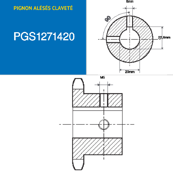 CMW - Pignon alésé claveté avec 2 vis pression à 90° - Simple denture  - 08B1 - 14 dents - Pas de 12,7 mm avec alésage de 20 mm-Lire la description