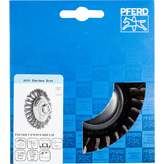 Pferd Kegelbrste gezopft KBG  115x15 mm M14 Edelstahl-Draht- 0,35 mm-Beschreibung lesen