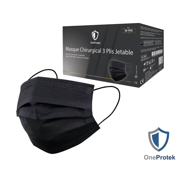 OneProtek - Boîte de 50 Masques Médicaux 3 Plis EN 14683 Type IIR - Non-tissé à Usage Unique - NOIR-Lire la description