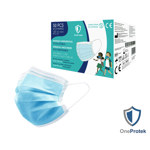 Masques enfant Médicaux 3 Plis EN14683 Type IIR Bleu - Boîte de 50 pièces - Conditionnés en 5 Sachets de 10 Masques - Confortables et élastiques résistants-Lire la description
