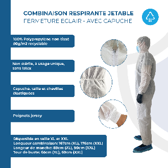 Combinaison respirante jetables - Sachet de 1 pièce - Fermeture éclaire avec capuche - Taille XL-Lire la description