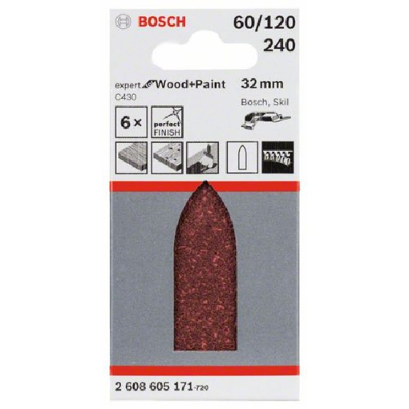 Schleifblatt C430, 32 mm, 60, 120, 240, ungelocht, Klett, 6er-Pack-Beschreibung lesen