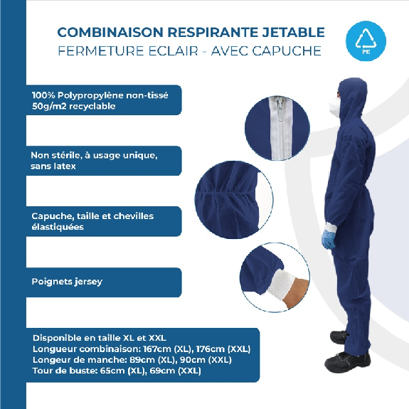 OneProtek - Combinaison en polypropylène jetable - Fermeture éclair - Avec capuche - Bleue - Taille 2XL - Sachet unitaire-Lire la description