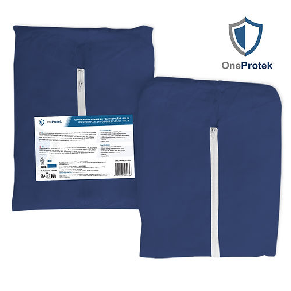 OneProtek - Combinaison en polypropylène jetable - Fermeture éclair - Avec capuche - Bleue - Taille 2XL - Sachet unitaire-Lire la description