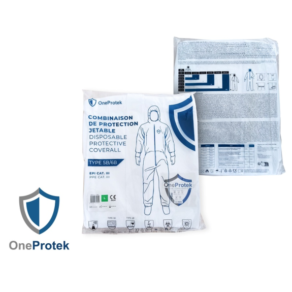 OneProtek - Combinaison de protection jetable type 5-B/6-B C500 - Fermeture éclair - Blanc - Taille L - Sachet unitaire-Lire la description