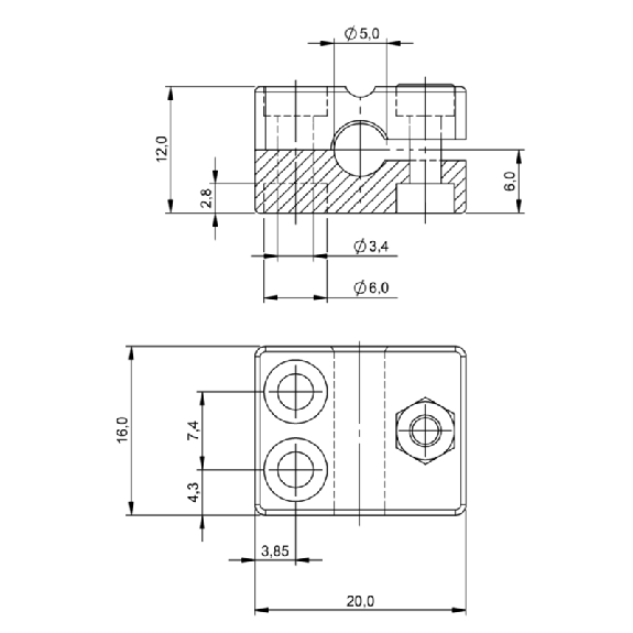 Bloc de serrage pour détecteur Ø5mm ou M5, PA 6, 16x12x20mm - BES 05,0-KB-3 (BAM0098)-Lire la description