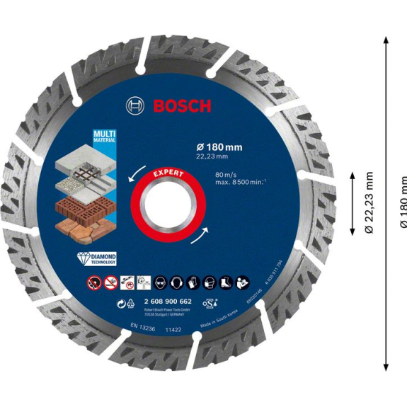 Disques  trononner diamants Bosch EXPERT MultiMatriaux, 180 x 22,23 x 2,4 x 12 mm-Lire la description