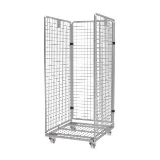 Roll conteneur 3 côtés petites mailles électrozingué PKM06-EZ - Roues Polyamide - 2 fixes & 2 piv avec frein-Lire la description