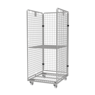 Roll conteneur 3 côtés petites mailles électrozingué PKM06-EZ - Roues Polyamide - 2 fixes & 2 piv avec frein-Lire la description