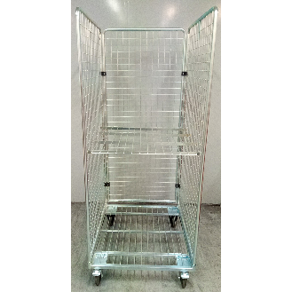 Roll conteneur 3 côtés petites mailles électrozingué PKM06-EZ - Roues Polyamide - 2 fixes & 2 piv avec frein-Lire la description