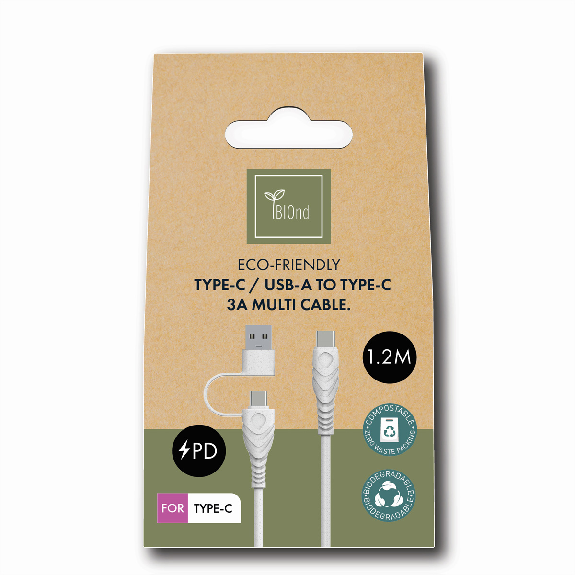 BIOnd BIO-CT-TC Câble USB-C vers Type-C+A 3A, 1,2 m-Lire la description