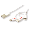 ROLINE Câble de charge et synchronisation 8 Pin/USB MicroB / Type C pour Apple et Android, blanc, 1 m