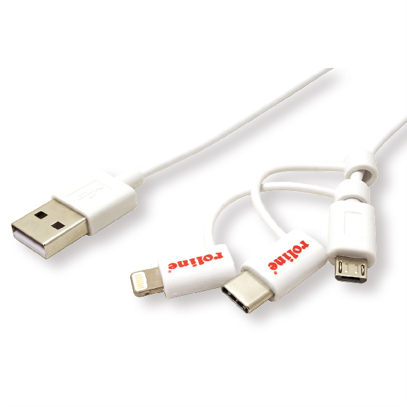 ROLINE Câble de charge et synchronisation 8 Pin/USB MicroB / Type C pour Apple et Android, blanc, 1 m-Lire la description