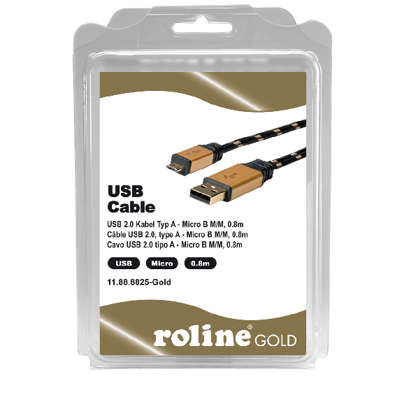 ROLINE GOLD Câble USB 2.0, USB A mâle - Micro USB B mâle, Retail Blister, 0,8 m-Lire la description