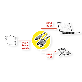 ROLINE USB Typ C Split-Ladekabel, C - 2x C, ST/ST, max. 100W, schwarz, 1,85 m-Beschreibung lesen