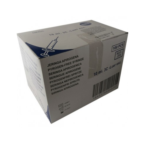 Jeringa 3 cuerpos 10 ml, Cono excéntrico, Caja 100 Unidades-Leer más
