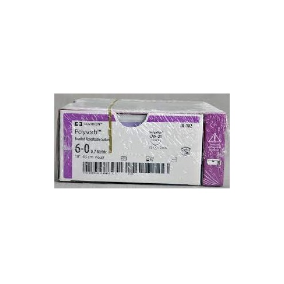 Sutura reabsorbible POLYSORB 6/0, Aguja 12 mm, 1/2 círculo violeta, Longitud hebra 45 cm, Caja de 36 unidades-Leer más