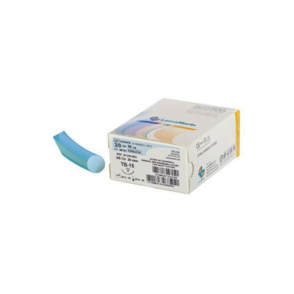 Nylon monofilamento azul TB-8, calibre 6/0, aguja 12 mm, 3/8 círculo triangular, longitud hebra 50 mm, caja 50 unidades Nylon monofilamento azul TB-8, calibre 6/0, aguja 12 mm, 3/8 círculo triangular, longitud hebra 50 mm, caja 50 unidades-Leer más