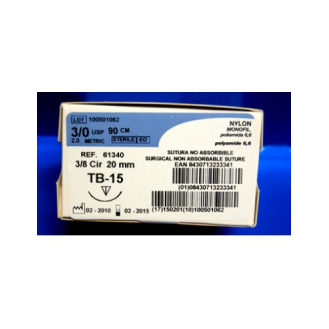 Nylon Monofilamento Azul TB-10, Calibre 5/0, Aguja 15 mm, 3/8 círculo triangular, Longitud Hebra 75 mm, Caja 12 unidades-Leer más