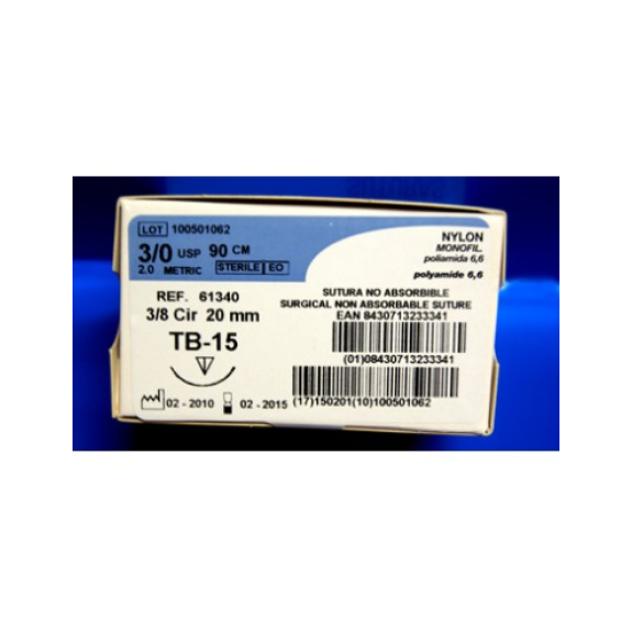 Nylon Monofilamento Azul TB-10, Calibre 5/0, Aguja 15 mm, 3/8 círculo triangular, Longitud Hebra 75 mm, Caja 12 unidades-Leer más