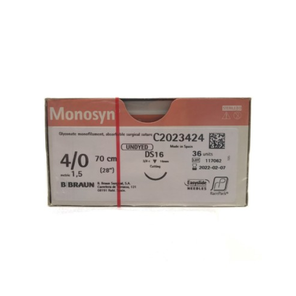 MONOSYN INCOLORE 4/0 70 CM. DS-16 AGO 3/8 DI CERCHIO PUNTA TRIANGOLARE. UD-Leggi tutto