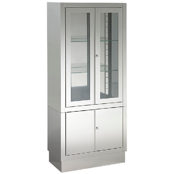 Armoire d'exposition de clinique en acier inoxydable HIDEMAR H-77 avec portes en verre et étagères réglables, 60x30x140 cm-Lire la description