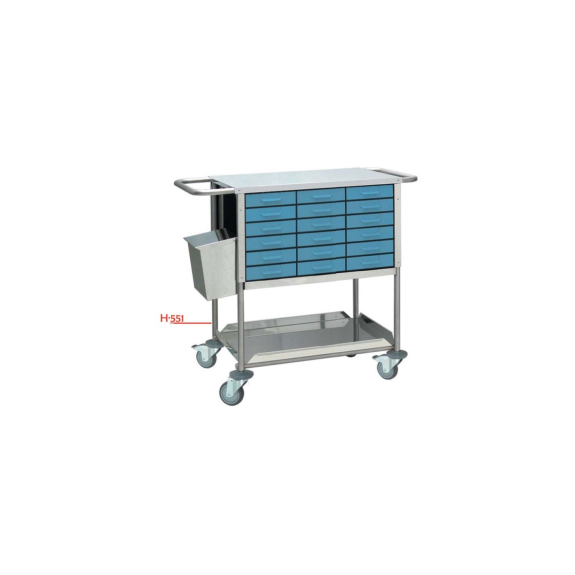 Chariot médical HIDEMAR avec 36 boîtes et poubelle-Lire la description