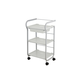 Carrello ausiliario metallico bianco con ripiani e cassetto-Leggi tutto