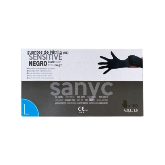 Guantes de nitrilo negros SANICEN, sin polvo, talla L, caja de 100 (sensibles)-Leer más